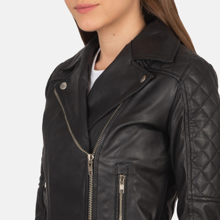 Womens Carolyn Quilted Black Biker Jacket Close-Up-9-1659378798657